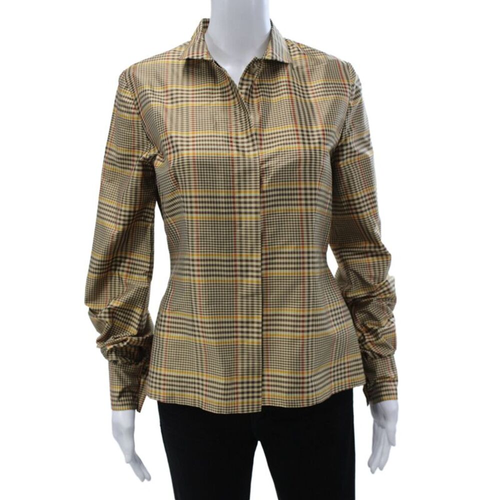 Carlisle Women Basic Beige Silk Plaid Collared Button Long Sleeve Blouse Size 2